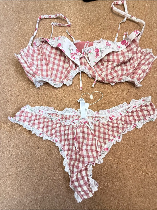 For Love And Lemons Other - Free People Pink Gingham Floral Lace Lingerie Set